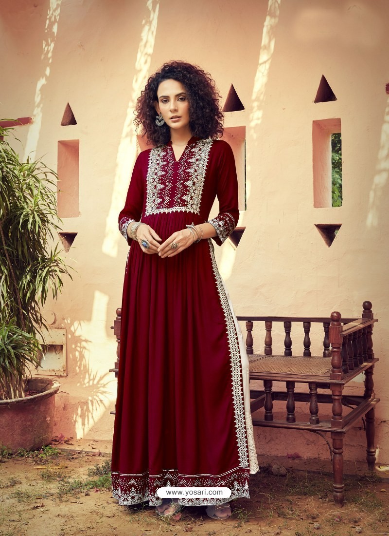 Maroon Designer Embroidered Readymade Party Wear Rayon Kurti With Palazzo