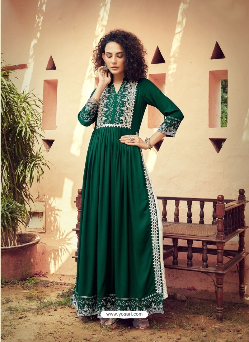 Dark Green Designer Embroidered Readymade Party Wear Rayon Kurti With Palazzo