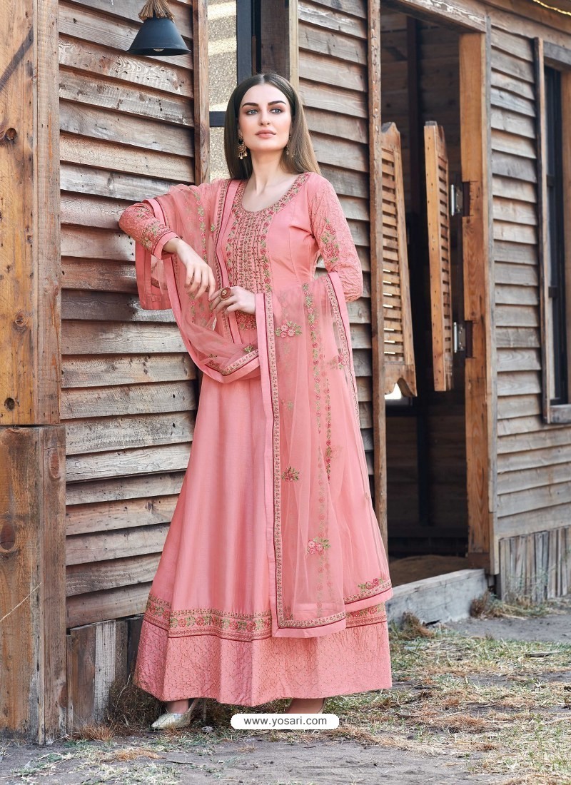 Peach Heavy Embroidered Designer Dola Silk Anarkali Suit