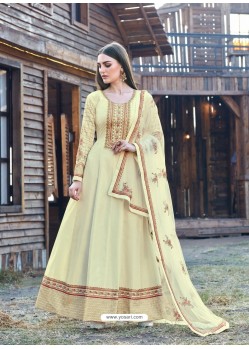 Light Yellow Heavy Embroidered Designer Dola Silk Anarkali Suit