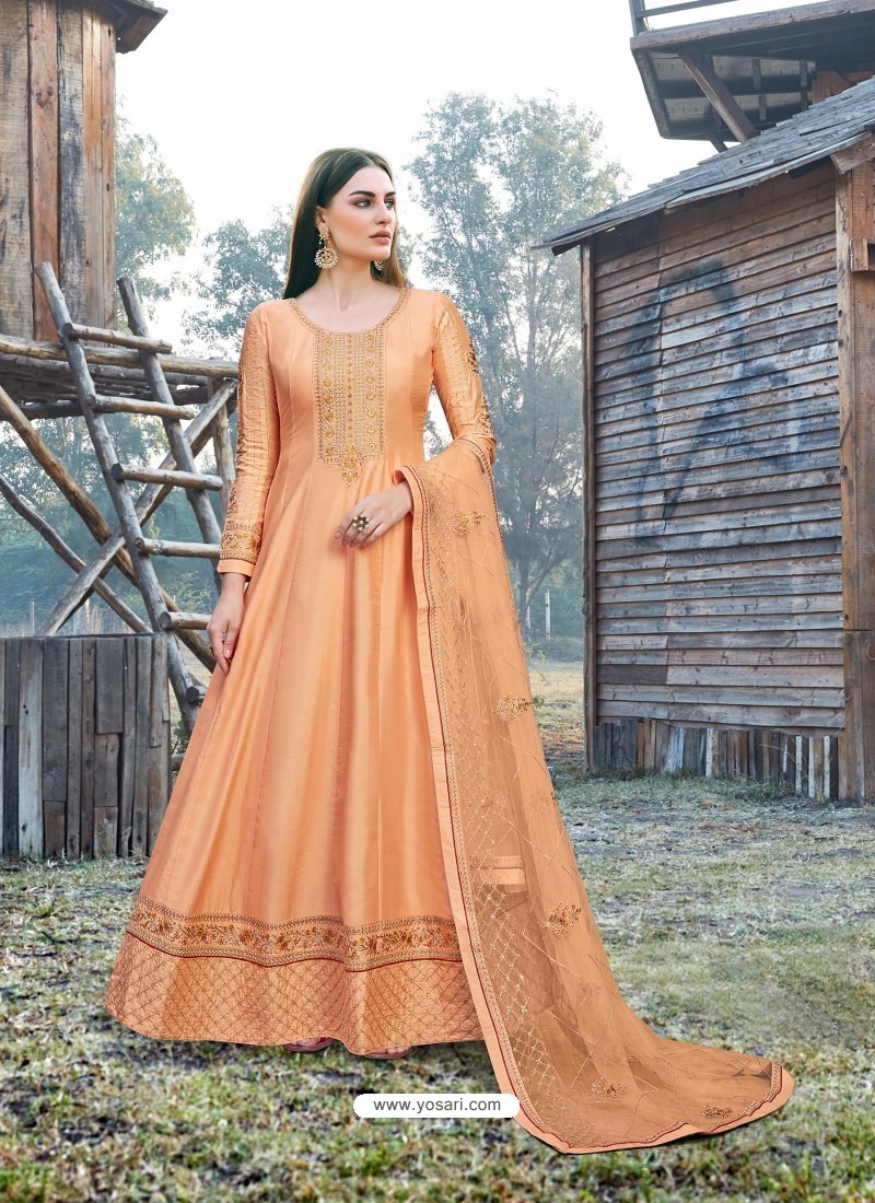 Light Orange Heavy Embroidered Designer Dola Silk Anarkali Suit