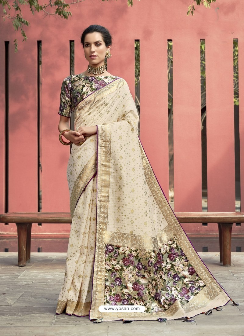 Cream Designer Party Wear Soft Art Silk Sari