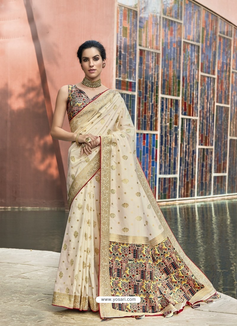 Elegant Cream Designer Party Wear Soft Art Silk Sari