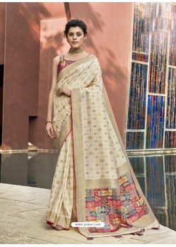 Fabulous Cream Designer Party Wear Soft Art Silk Sari