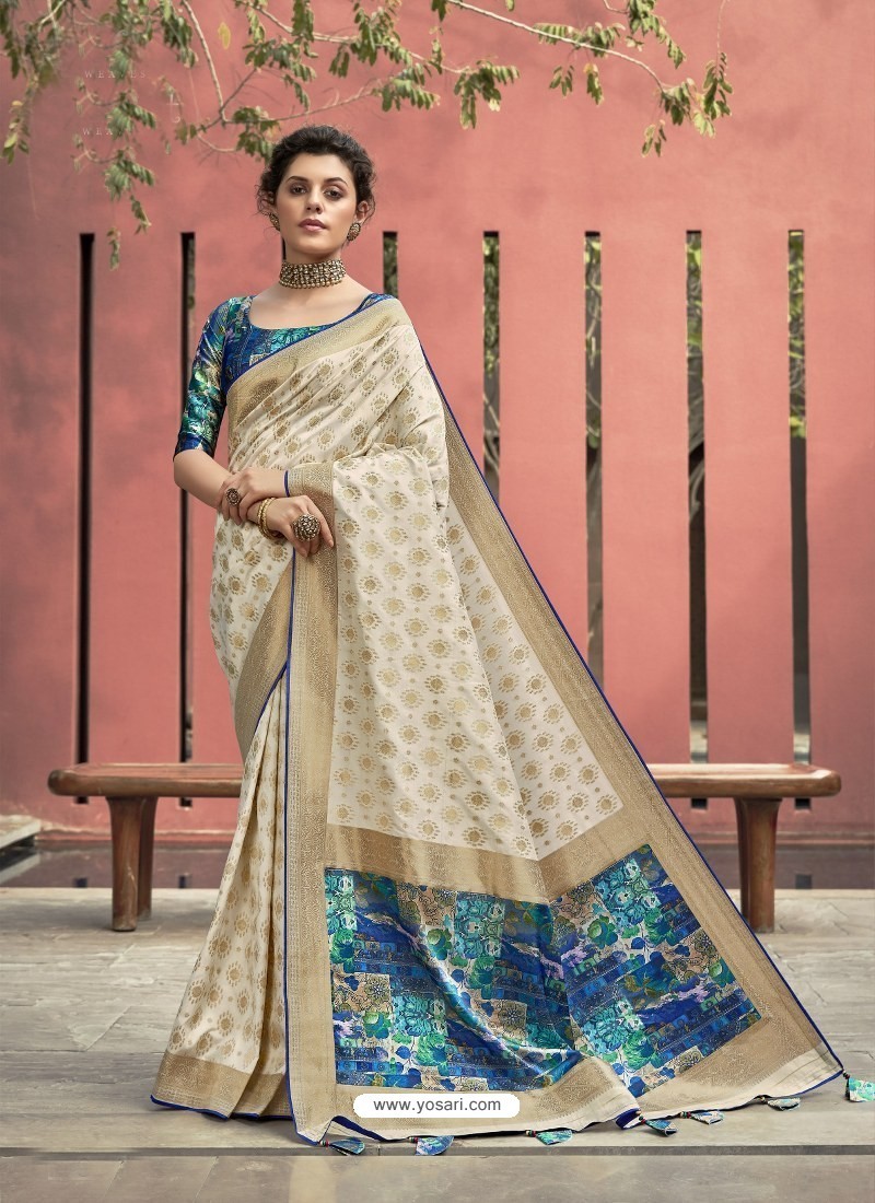 Stunning Cream Designer Party Wear Soft Art Silk Sari