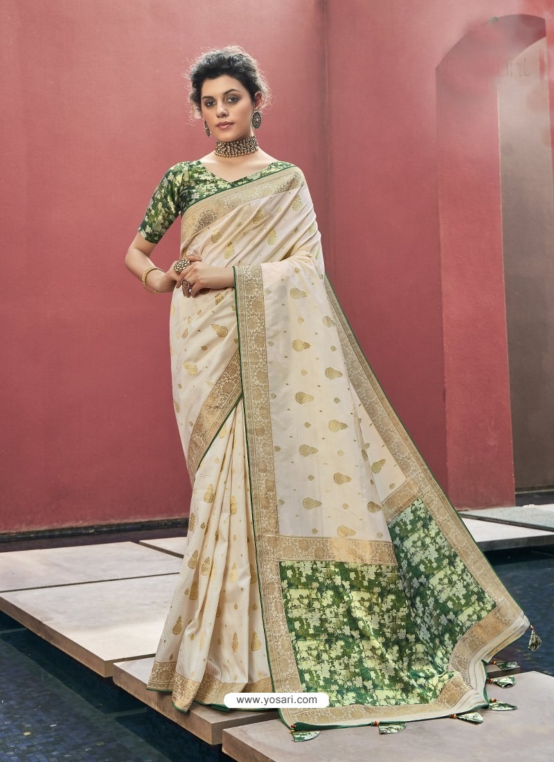 Gorgeous Cream Designer Party Wear Soft Art Silk Sari