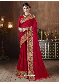 Red Designer Party Wear Embroidered Georgette Sari