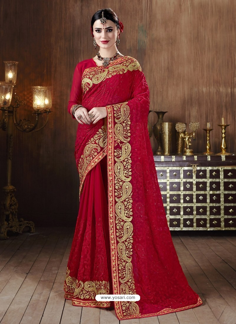 Red Designer Party Wear Embroidered Georgette Sari