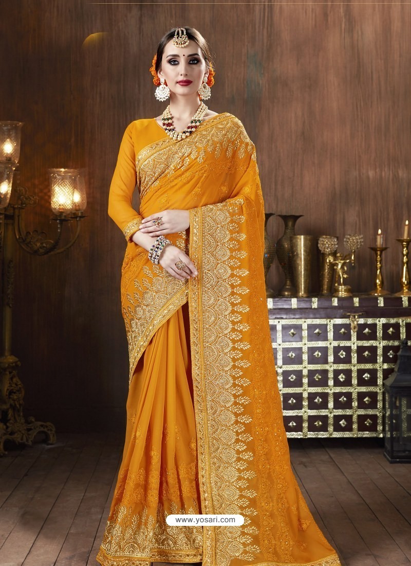 Yellow Designer Party Wear Embroidered Georgette Sari