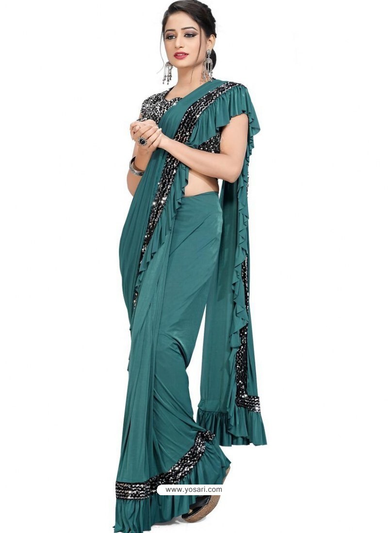 Teal Blue Sensational Designer Party Wear Imported Lycra Sari