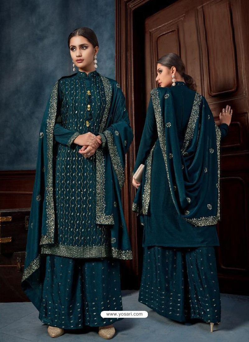 Teal Blue Designer Chinnon Party Wear Palazzo Salwar Suit