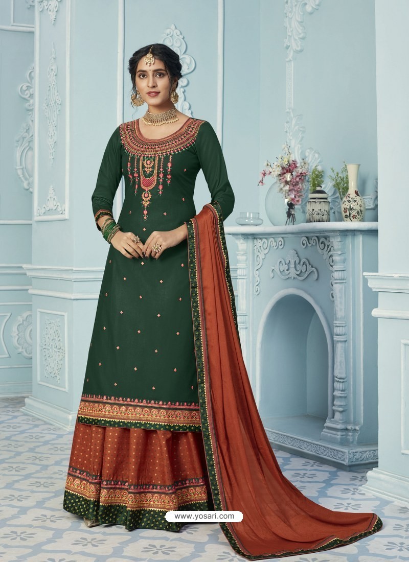 Dark Green Stylish Designer Embroidered Lehenga Style Wedding Suit