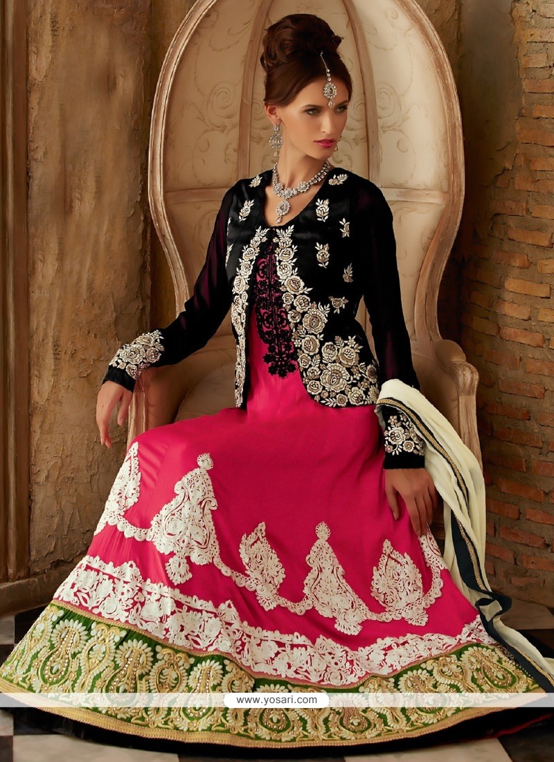 Hot Pink Silk Resham Anarkali Suits