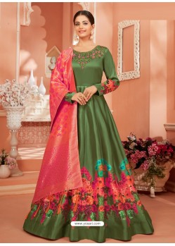 Mehendi Dazzling Heavy Designer Monga Satin Silk Party Wear Anarkali Suit