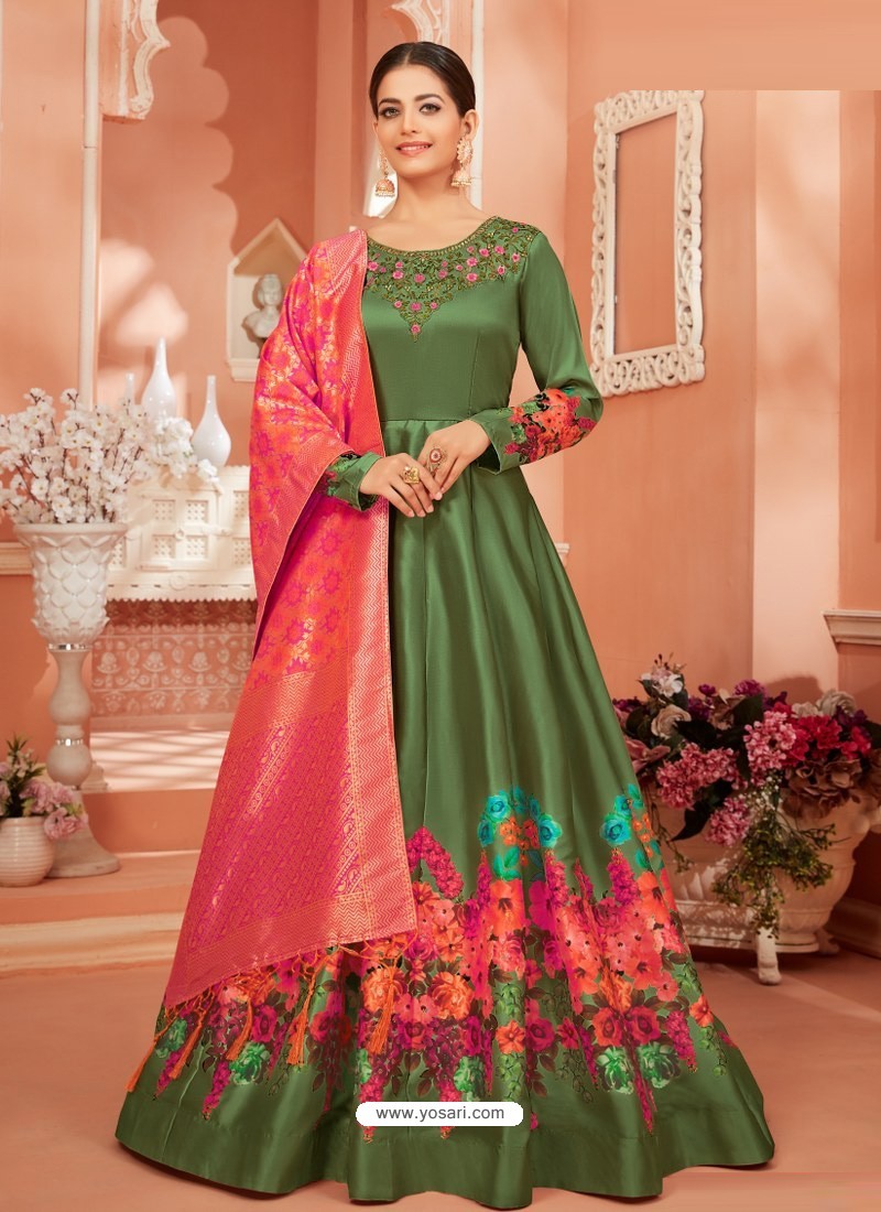 Mehendi Dazzling Heavy Designer Monga Satin Silk Party Wear Anarkali Suit