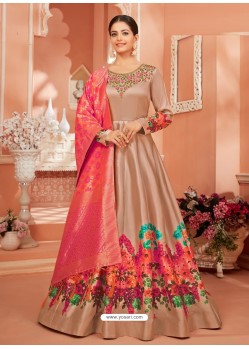 Light Brown Dazzling Heavy Designer Monga Satin Silk Party Wear Anarkali Suit