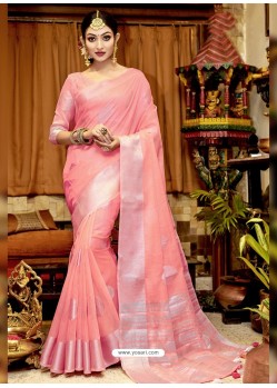 Peach Stylist Party Wear Designer Linen Sari