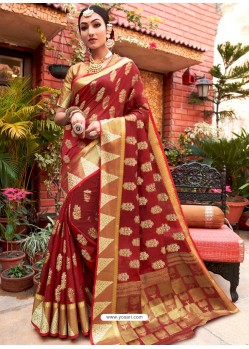 Maroon Designer Party Wear Cotton Handloom Sari