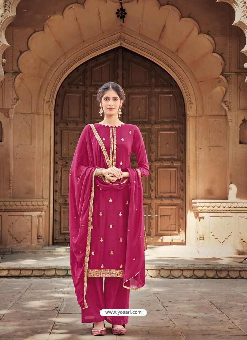 Rose Red Heavy Designer Party Wear Cotton Silk Palazzo Salwar Suit