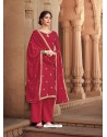 Red Heavy Designer Party Wear Cotton Silk Palazzo Salwar Suit