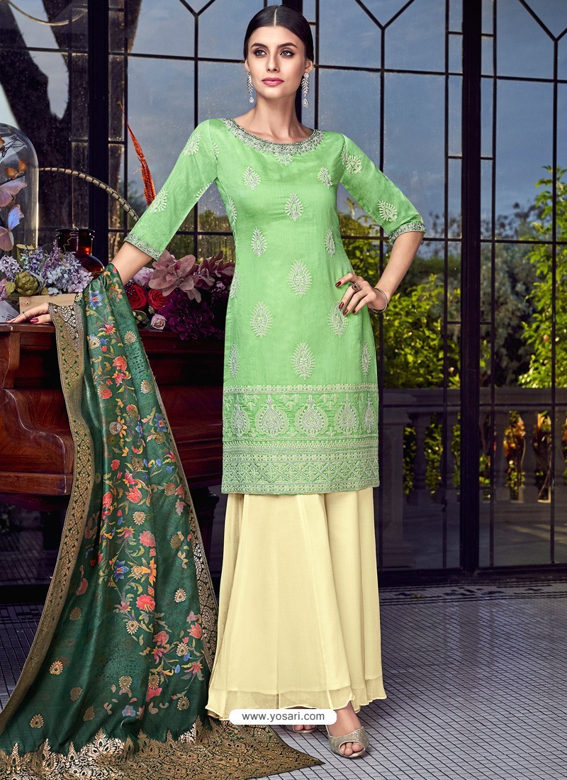 Green Dazzling Designer Lakhnavi Embroidered Silk Salwar Suit