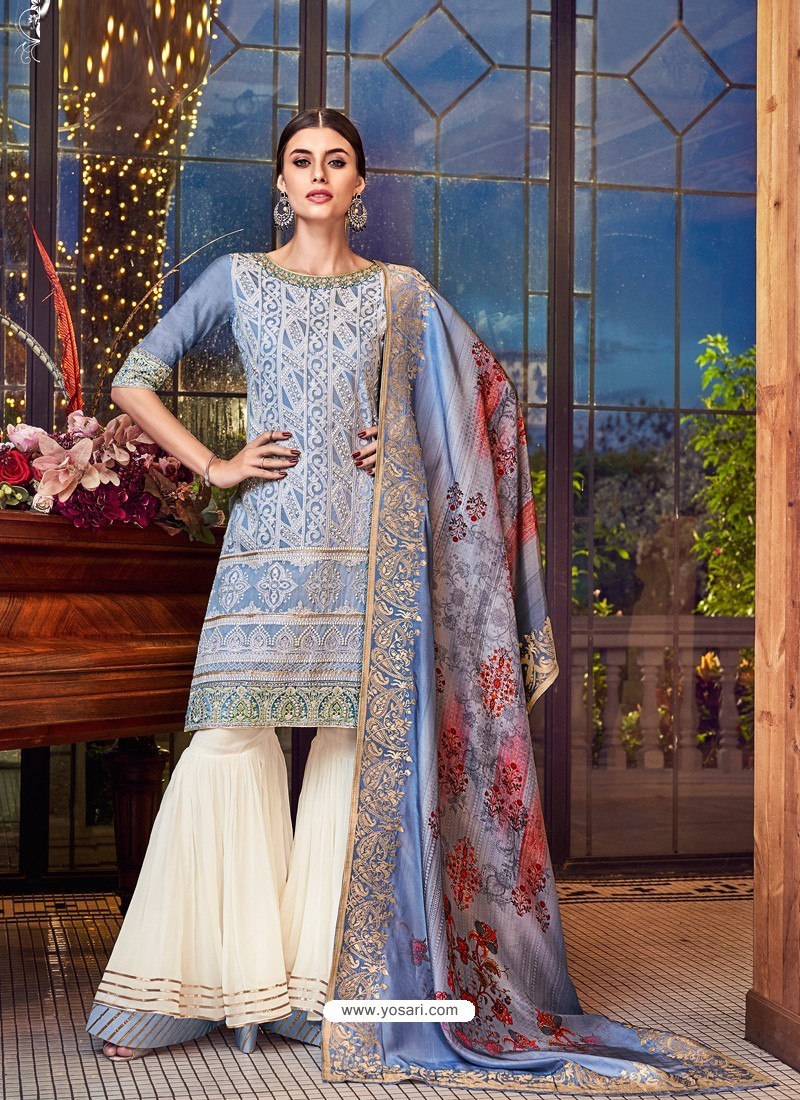 Blue Dazzling Designer Lakhnavi Embroidered Silk Salwar Suit