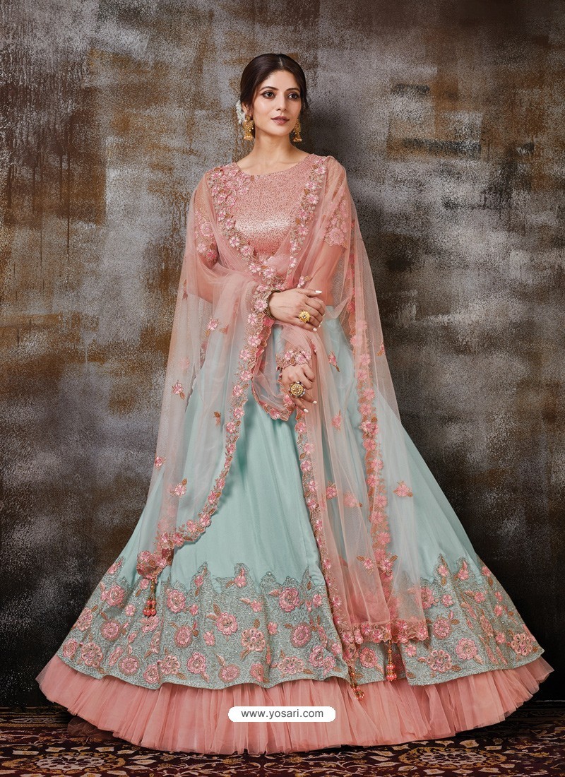 Aqua Grey Gorgeous Heavy Designer Wedding Wear Silk Lehenga Choli