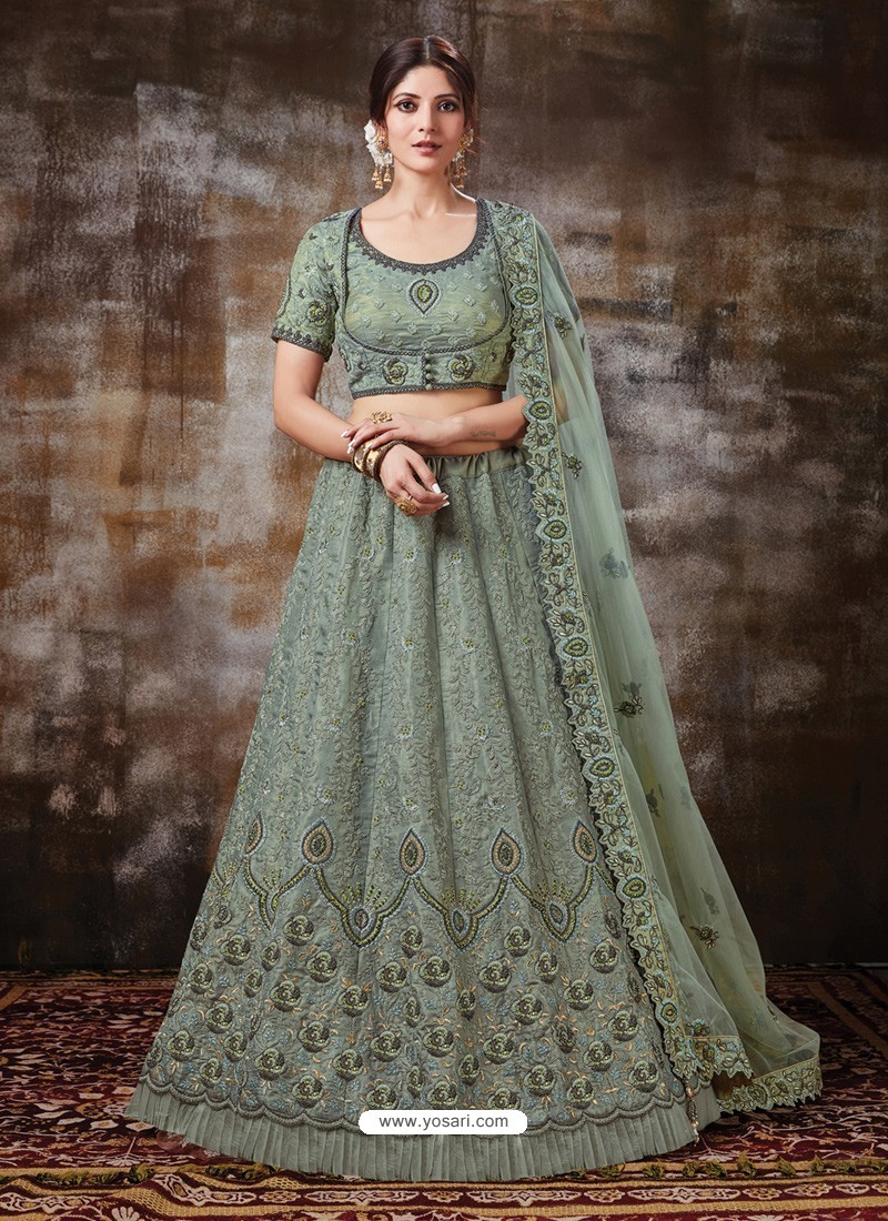 Grayish Green Gorgeous Heavy Designer Wedding Wear Silk Lehenga Choli