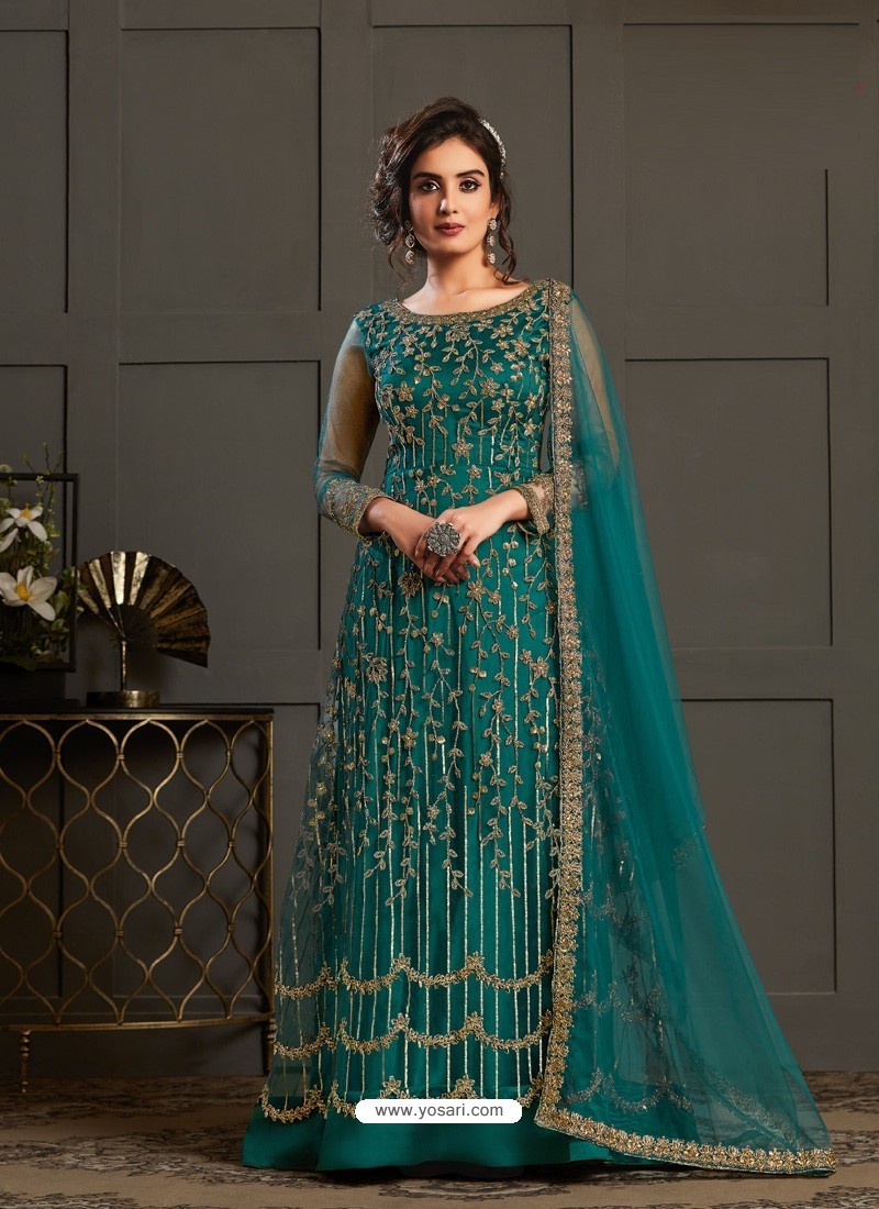 Teal Designer Embroidered Net Party Wear Wedding Suit