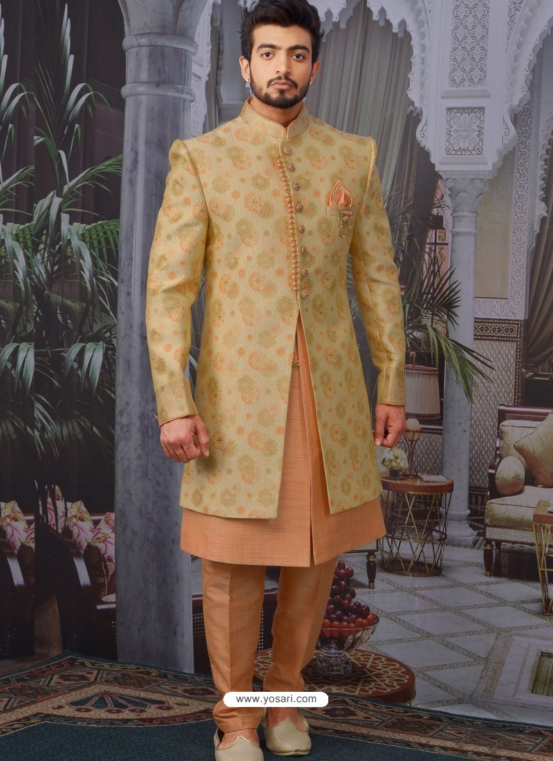 Light Orange Readymade Designer Indowestern Sherwani For Men