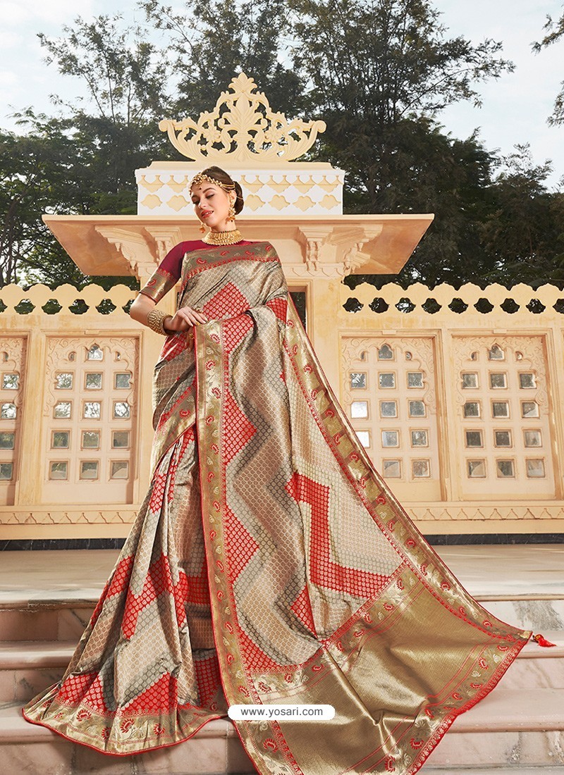 Beige Magnificent Designer Soft Silk Wedding Sari