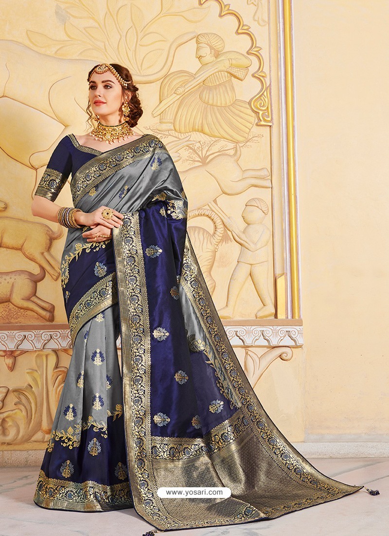 Grey Magnificent Designer Soft Silk Wedding Sari
