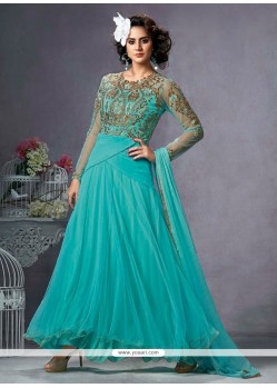 Ethnic Resham Work Net Turquoise Anarkali Suit