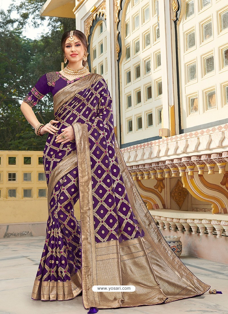 Purple Magnificent Designer Soft Silk Wedding Sari