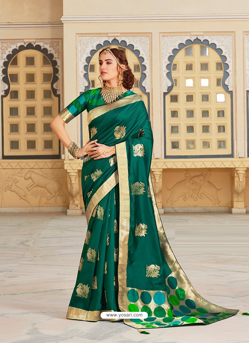 Dark Green Magnificent Designer Soft Silk Wedding Sari