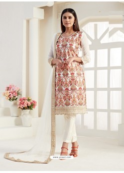 Off White Party Wear Designer Real Georgette Straight Salwar Suit