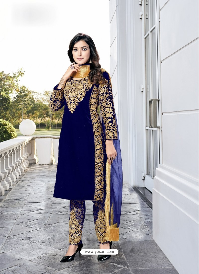 Royal Blue Party Wear Designer Velvet Straight Salwar Suit