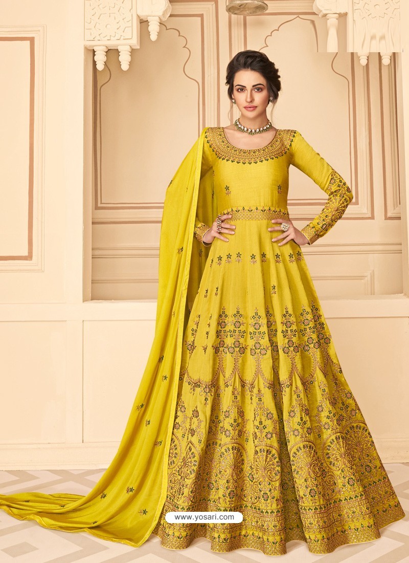 Yellow Stunning Heavy Designer Pure Silk Party Wear Anarkali Suit