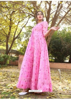 Pink Designer Anarkali Style Party Wear Pure Chanderi Kurti