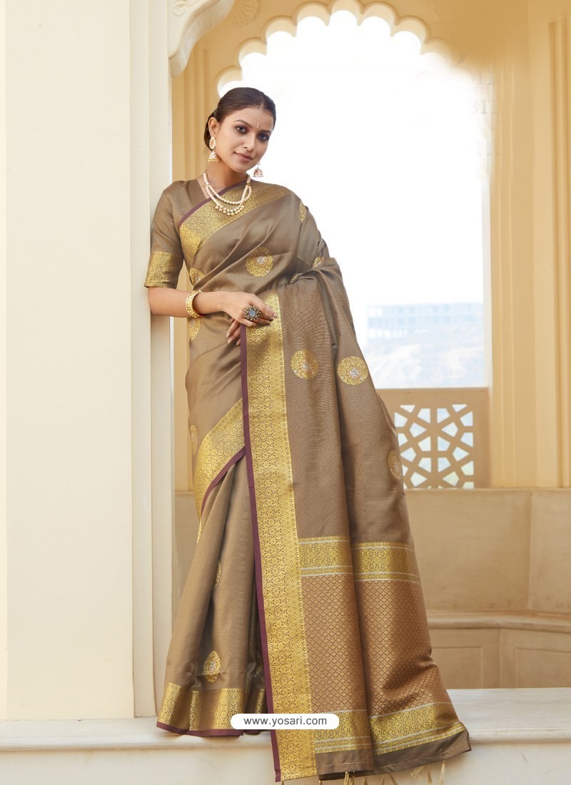 Beige Ravishing Designer Party Wear Silk Sari