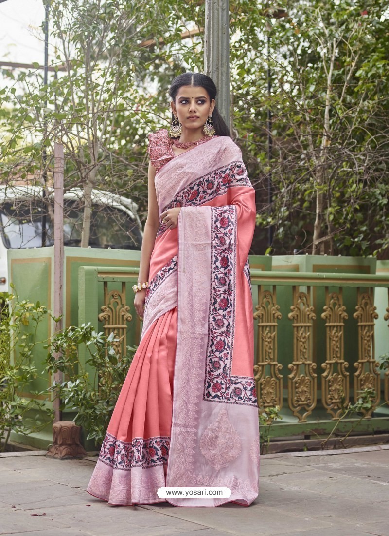 Peach Designer Party Wear Fancy Fabric Sari