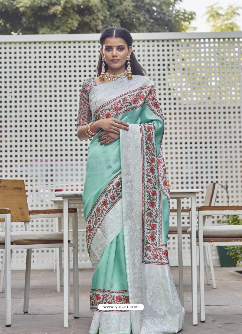 Aqua Mint Designer Party Wear Fancy Fabric Sari