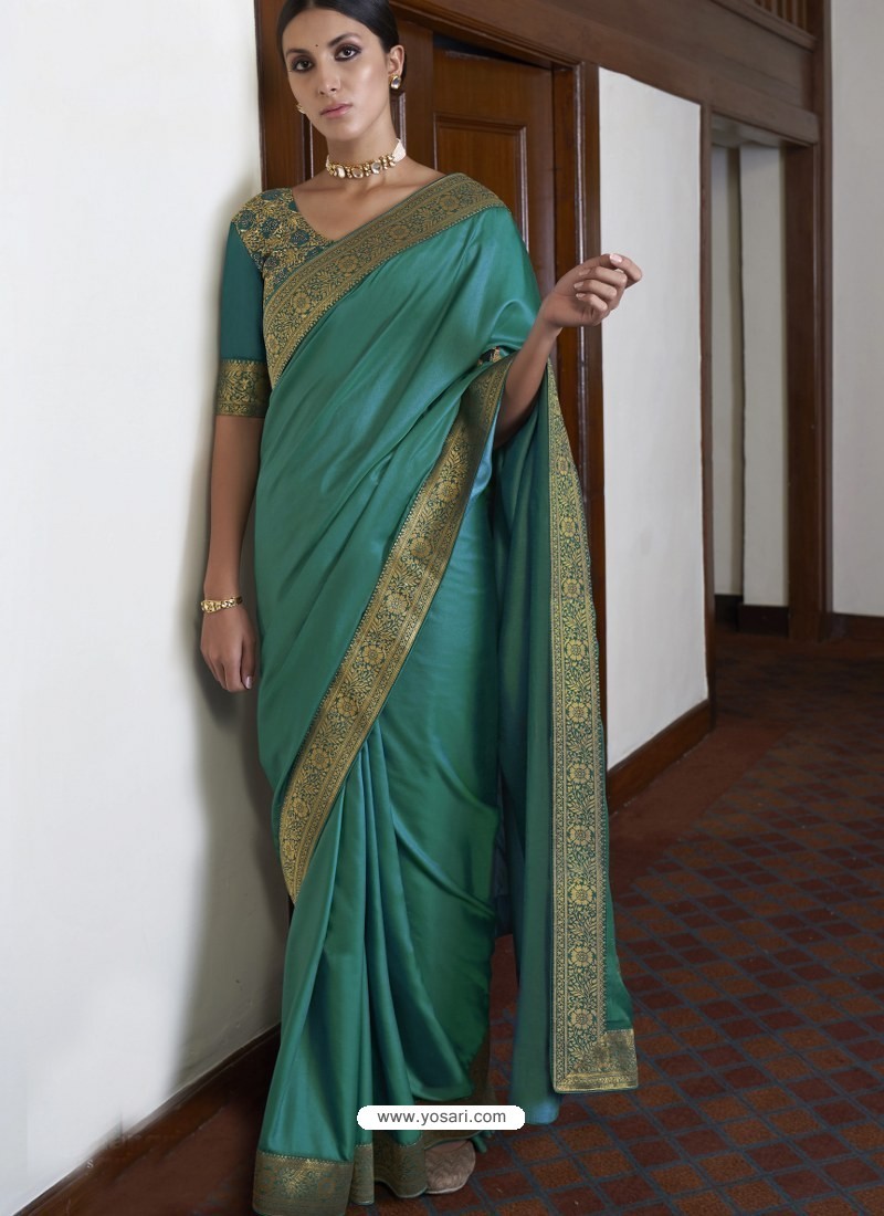 Turquoise Gorgeous Designer Party Wear Silk Sari