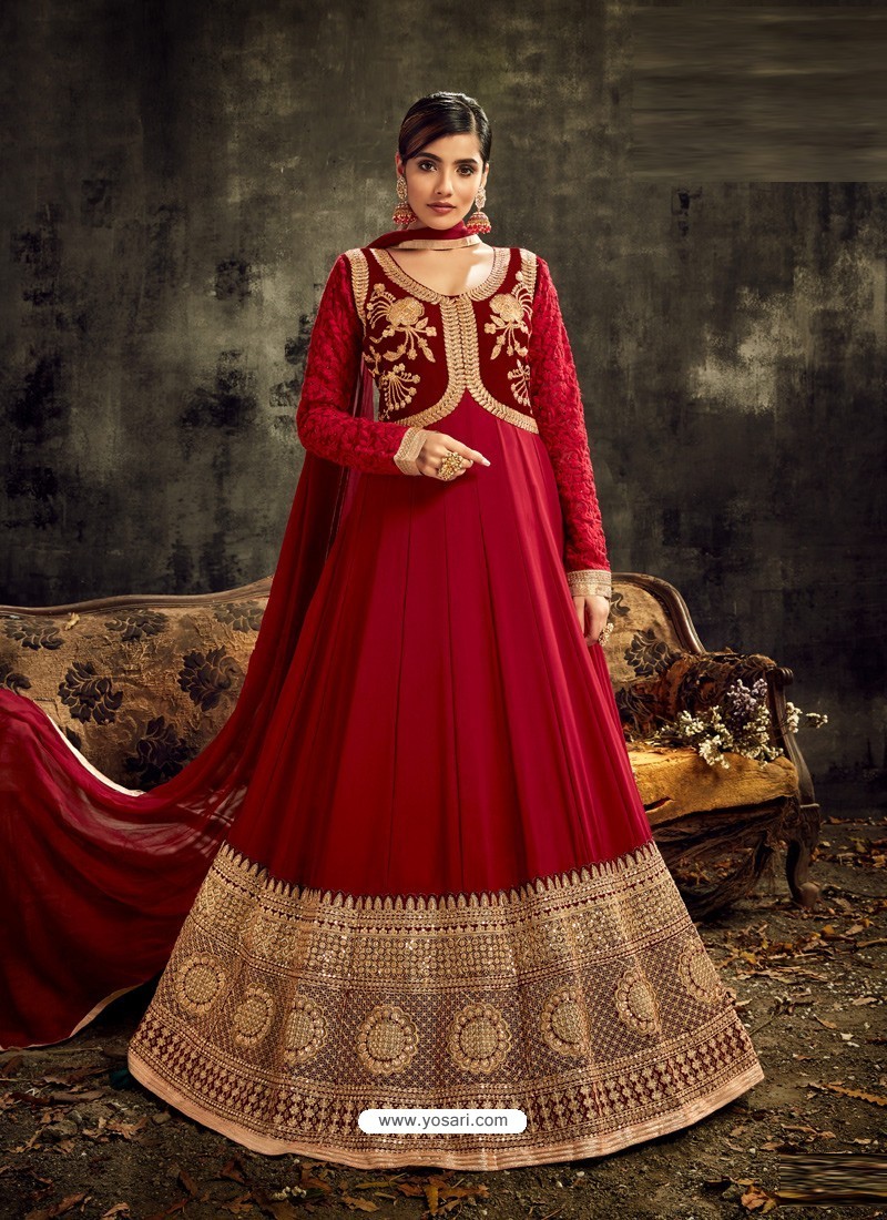 Red Heavy Embroidered Designer Anarkali Suit