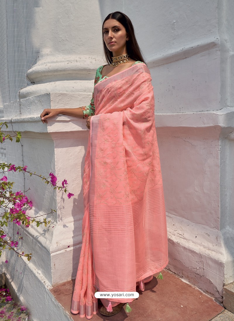Peach Designer Party Wear Embroidered Cotton Sari