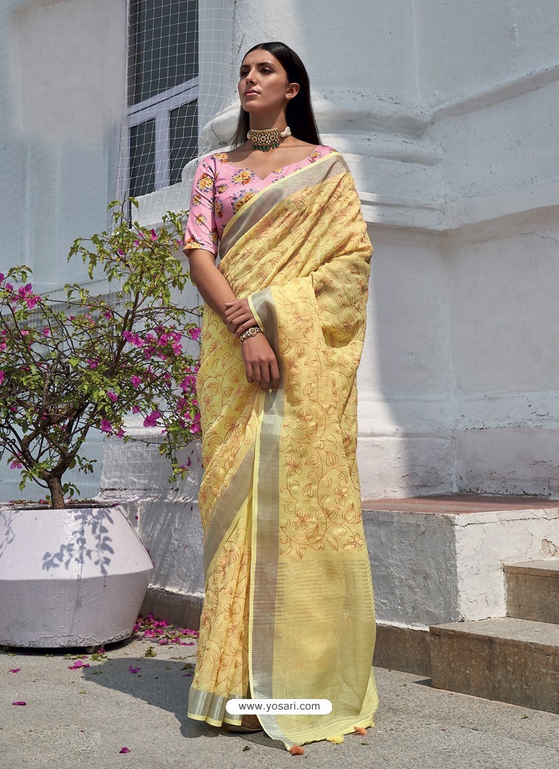 Light Yellow Designer Party Wear Embroidered Cotton Sari