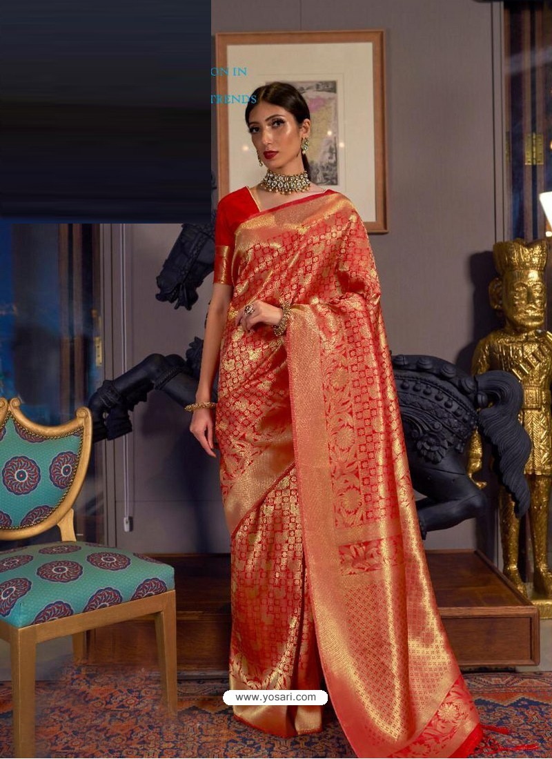 Red Designer Party Wear Handloom Weaving Sari