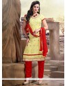 Stupendous Lace Work Red And Yellow Chanderi Churidar Designer Suit