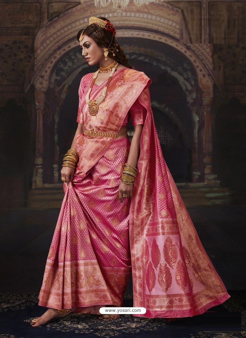 Hot Pink Dazzling Designer Party Wear Banarasi Silk Sari