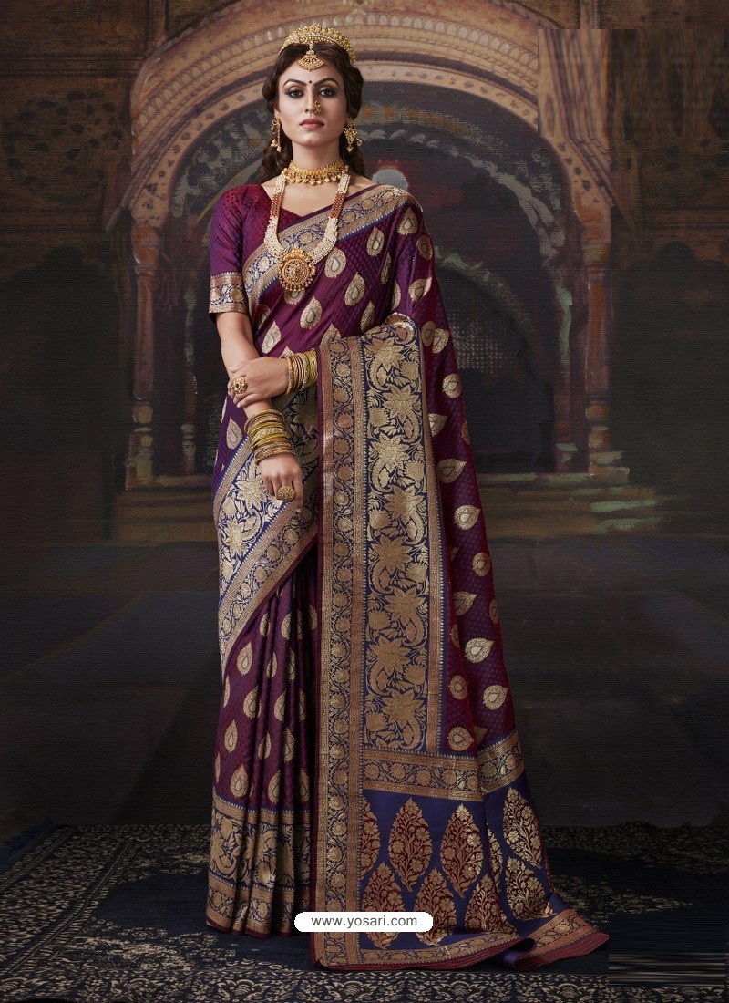 Purple Dazzling Designer Party Wear Banarasi Silk Sari